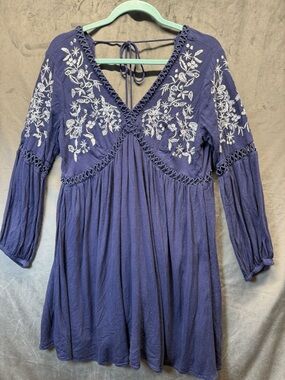 Soft Goth Blue Rain embroidered bohemian mini dress long sleeves V-neckline Cute